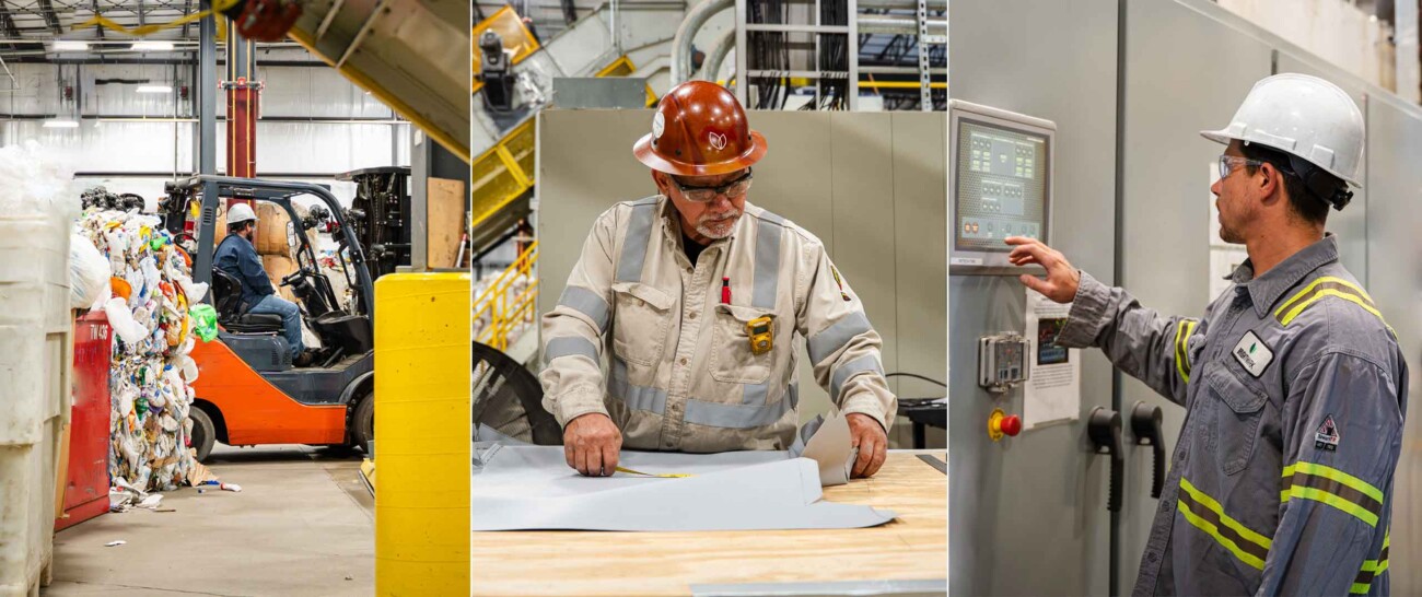 three people
working